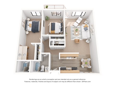 Floor plan for 2 beds, 2 baths, 1040 sqft